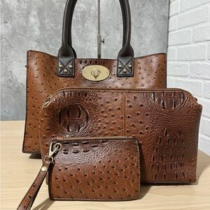 Elegant Brown Genuine Leather 3 pc Bag Set